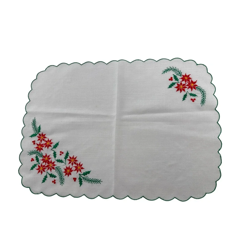 Tablecloth‎ Placemat Napkin Coaster Poinsettia Christmas Embroidered Scallop